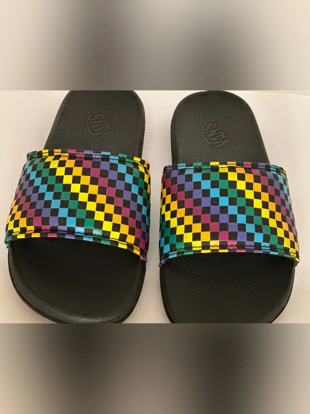VANS | Cushy Black Slide Sandals with Rainbow Checkerboard Strap | Size 3 Y